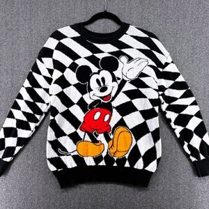 Disney Mickey Mouse Pullover Sweater Women's Small Black White‎ Checker Retro